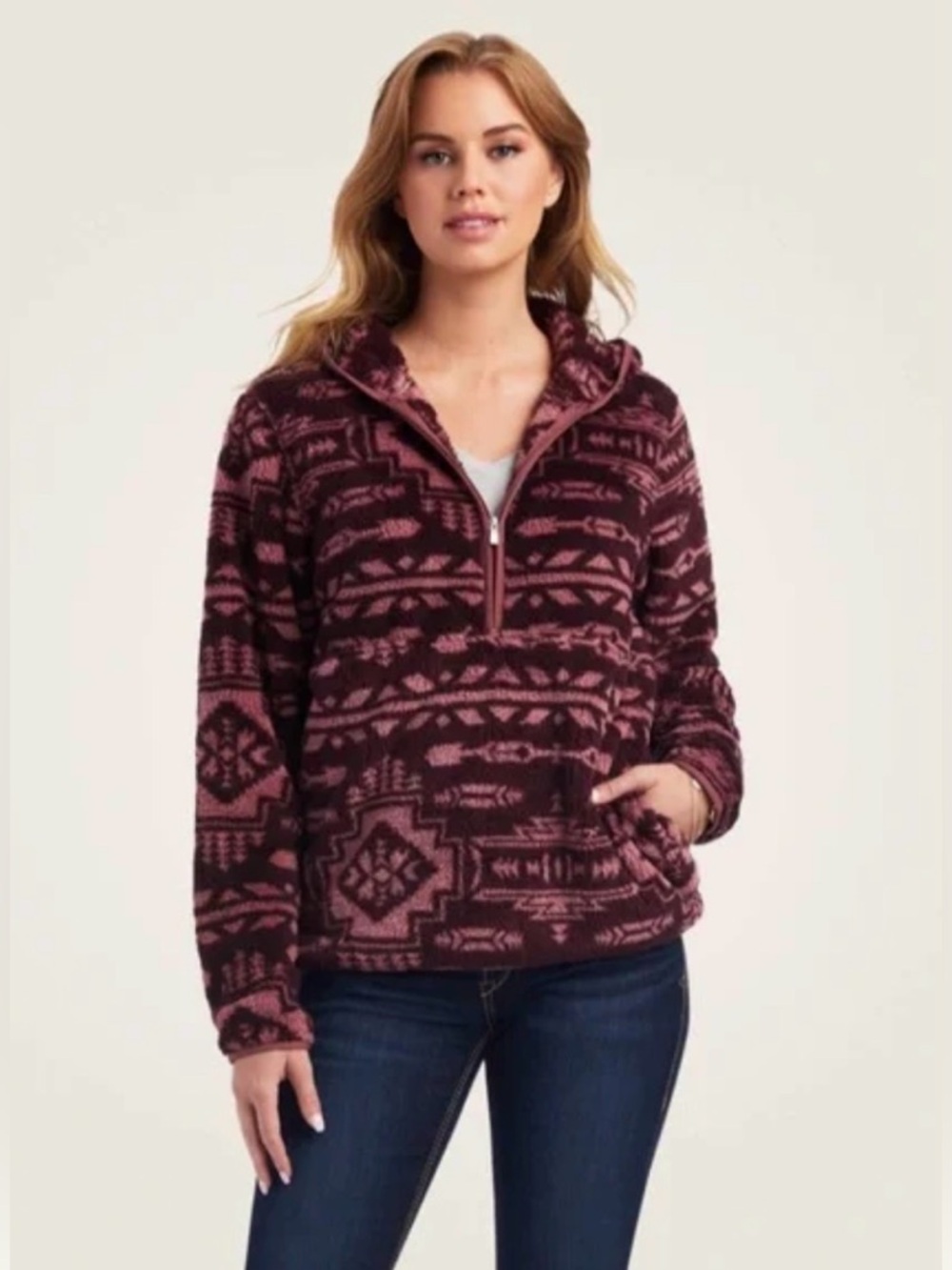 Ariat Ladies REAL Berber Pullover 1/4 Zip in a mulberry purple aztec print SZ L